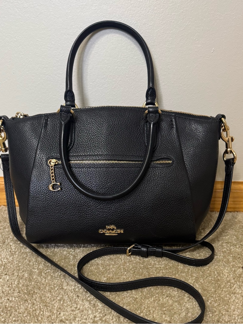 Coach Black Elise Satchel Bag in Polished Pebble Leather - Style 79316
